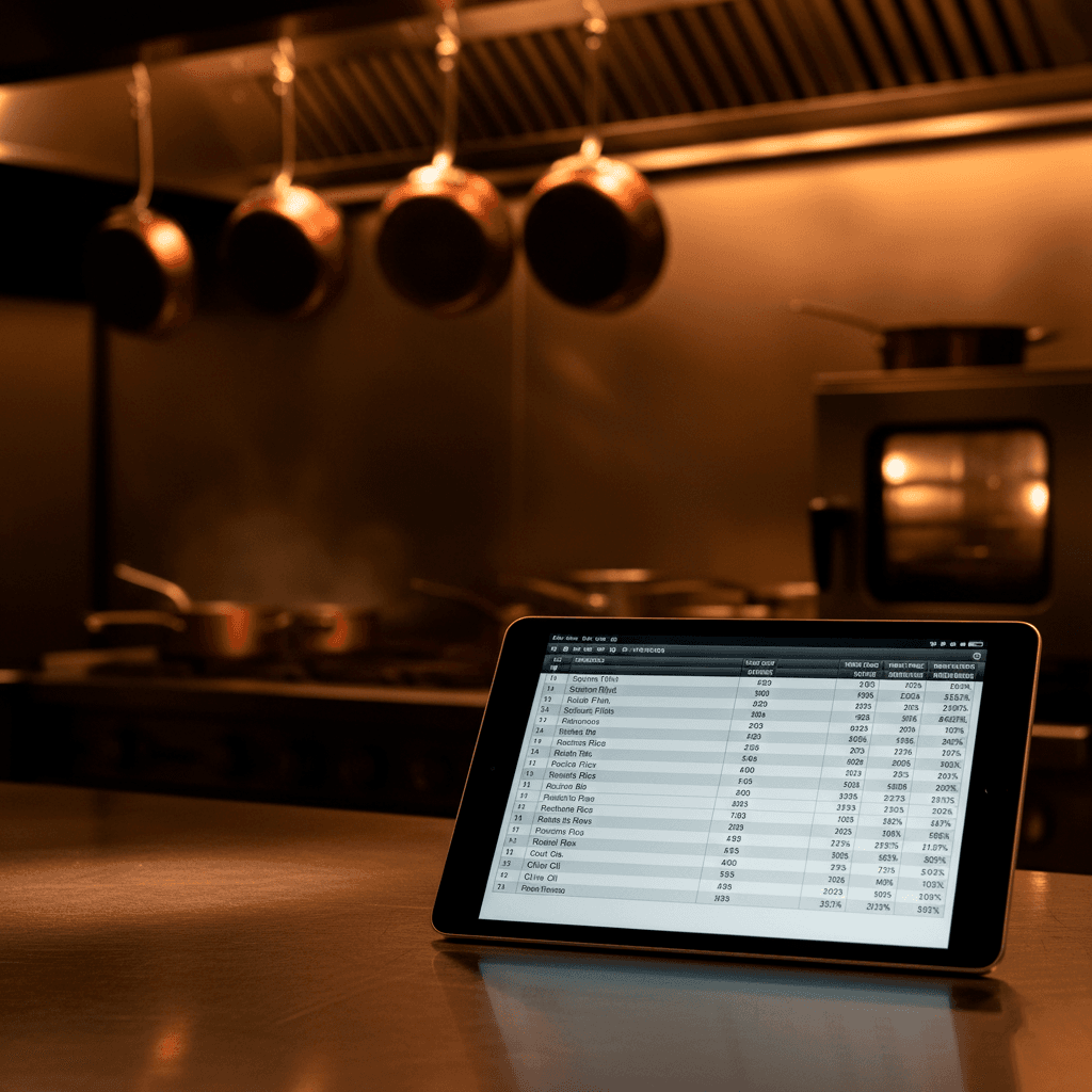 Tablet con escandallo en cocina de restaurante